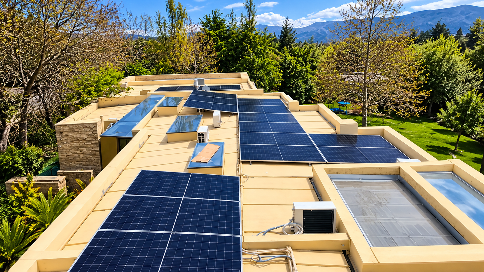 Paneles solares instalados sobre un techo frente a las montañas.