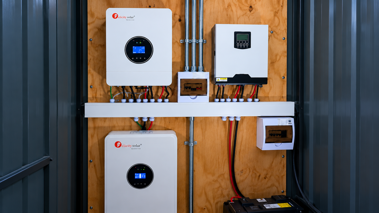 Sala técnica con equipos de un sistema solar y almacenamiento